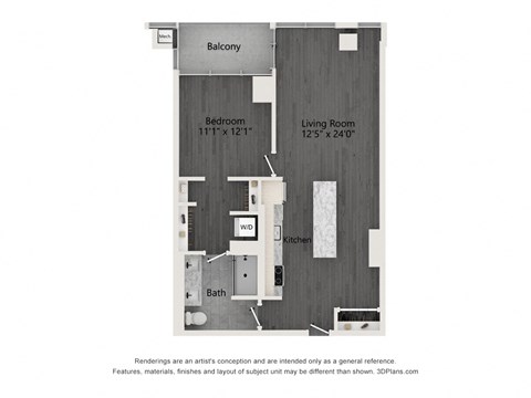Floor plan for 1 bed, 1 bath, 833 sqft